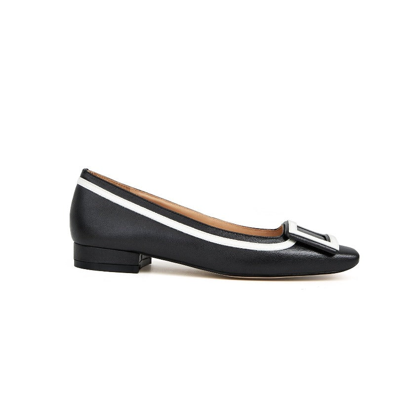 Adeline Flat Buckle Pump in Sheep Leather - Black/Ivory - #shoShoesp_name#