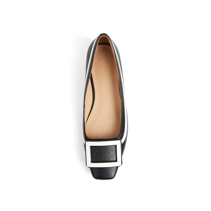 Adeline Flat Buckle Pump in Sheep Leather - Black/Ivory - #shoShoesp_name#