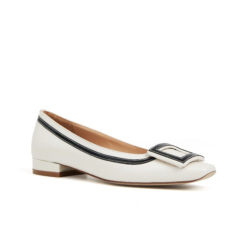Adeline Flat Buckle Pump in Sheep Leather - Ivory/Black - #shoShoesp_name#