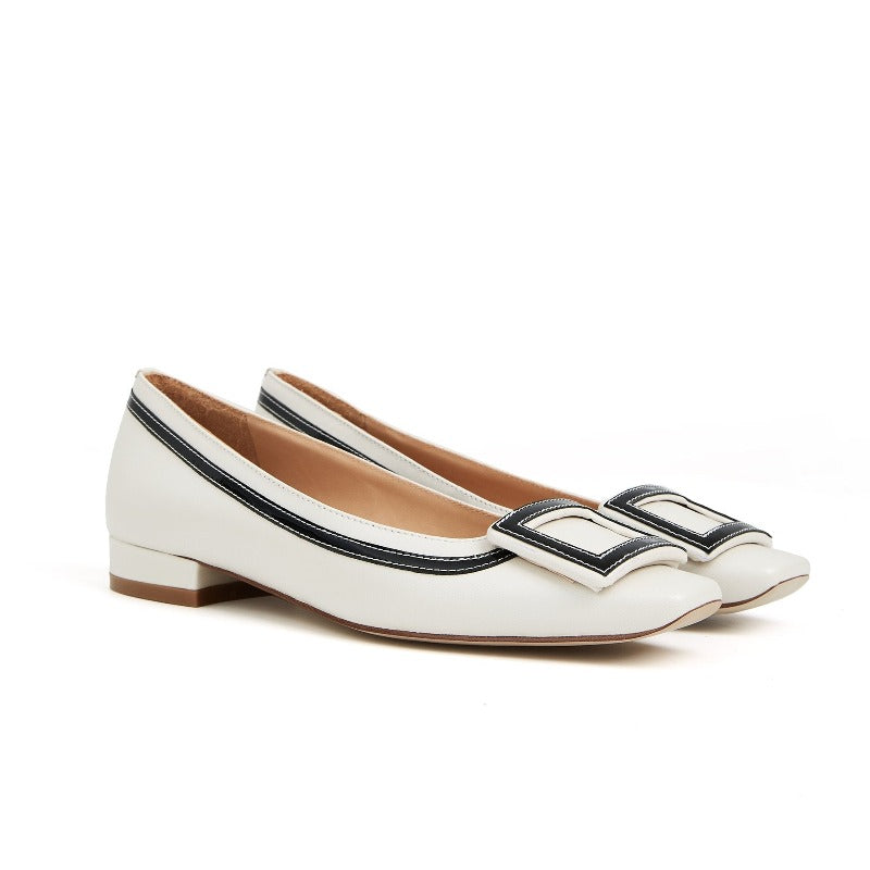 Adeline Flat Buckle Pump in Sheep Leather - Ivory/Black - #shoShoesp_name#