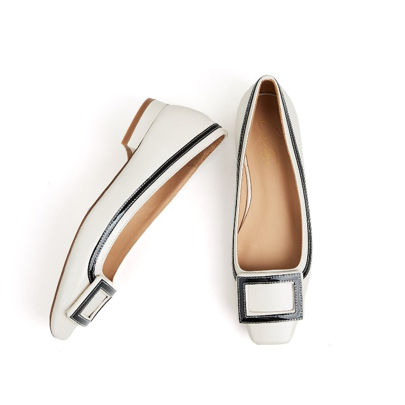 Adeline Flat Buckle Pump in Sheep Leather - Ivory/Black - #shoShoesp_name#