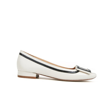 Adeline Flat Buckle Pump in Sheep Leather - Ivory/Black - #shoShoesp_name#