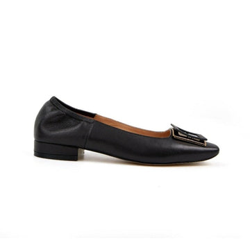 Annie Flat Pump Square Toe Low Heel Soft Couner With Big Buckle - Black