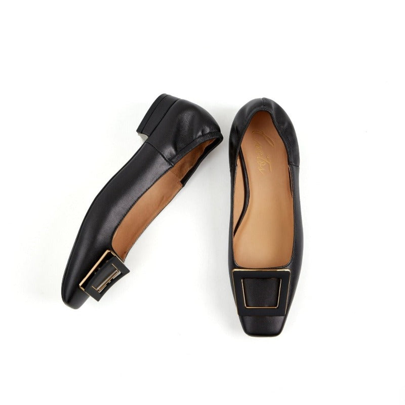 Annie Flat Pump Square Toe Low Heel Soft Couner With Big Buckle - Black