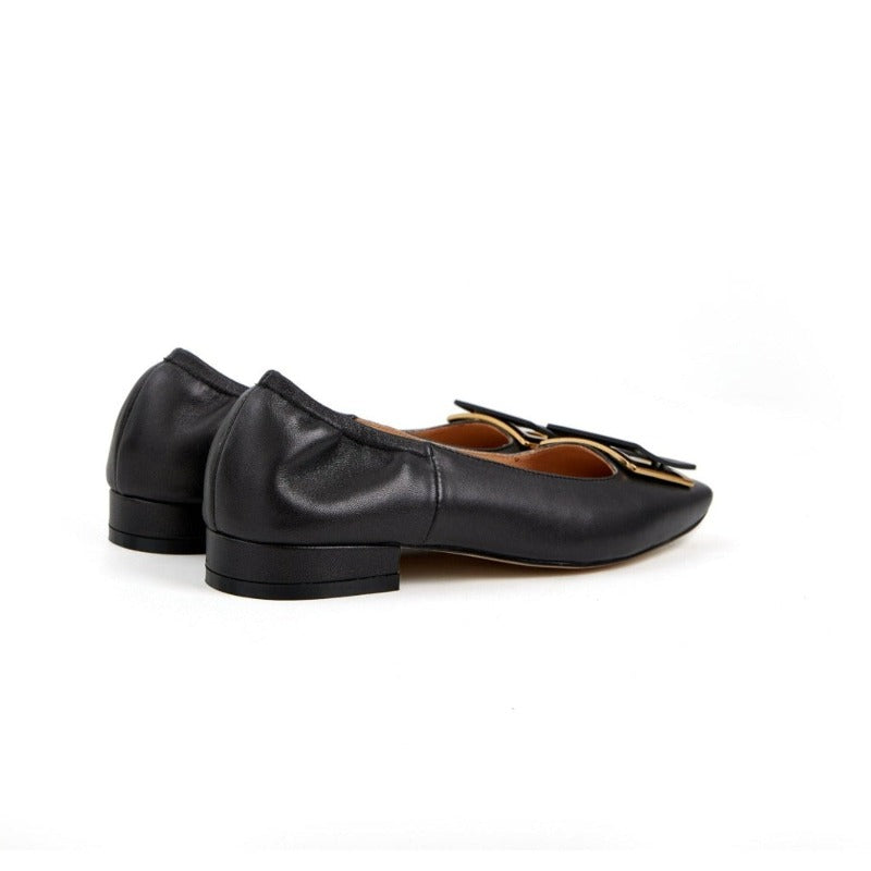 Annie Flat Pump Square Toe Low Heel Soft Couner With Big Buckle - Black