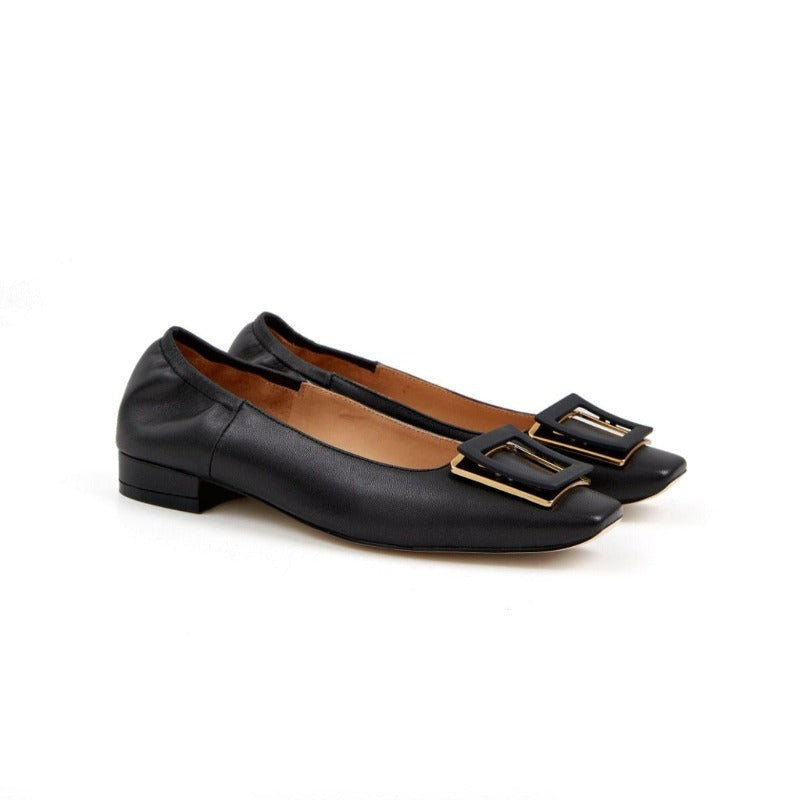 Annie Flat Pump Square Toe Low Heel Soft Couner With Big Buckle - Black