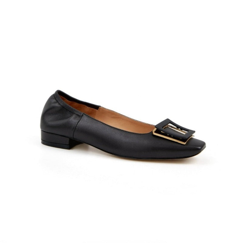 Annie Flat Pump Square Toe Low Heel Soft Couner With Big Buckle - Black