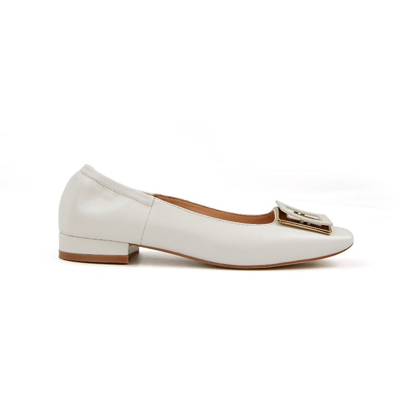 Annie Flat Pump Square Toe Low Heel Soft Couner With Big Buckle - Ivory