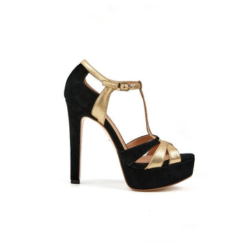 Cinderella T-Strap Sandal Open Toe High Heel and Platfrom with Buckle Closure-Black/Gold