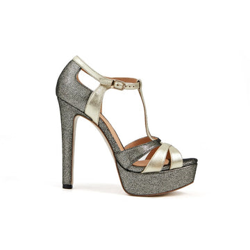Cinderella T-Strap Sandal Open Toe High Heel and Platfrom with Buckle Closure-Pewter/Champagne